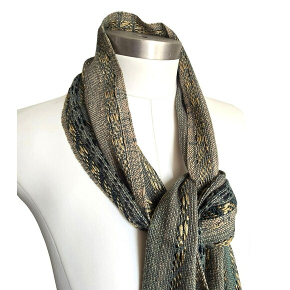 Handwoven Scarf Metallic Accent Fringe Green Gold and Black 72" CM2005 - Picture 4 of 7